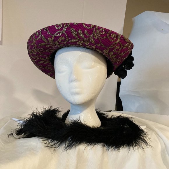 Fuchsia Fedora Hat Medium Brim  Scarlet Black Rose - Picture 3 of 5